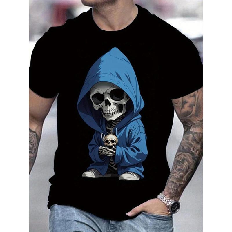 Skeleton Print Casual Cotton Summer Top Round Neck Knit Fabric Halloween Themed Short Sleeve Made USA T-Shirts