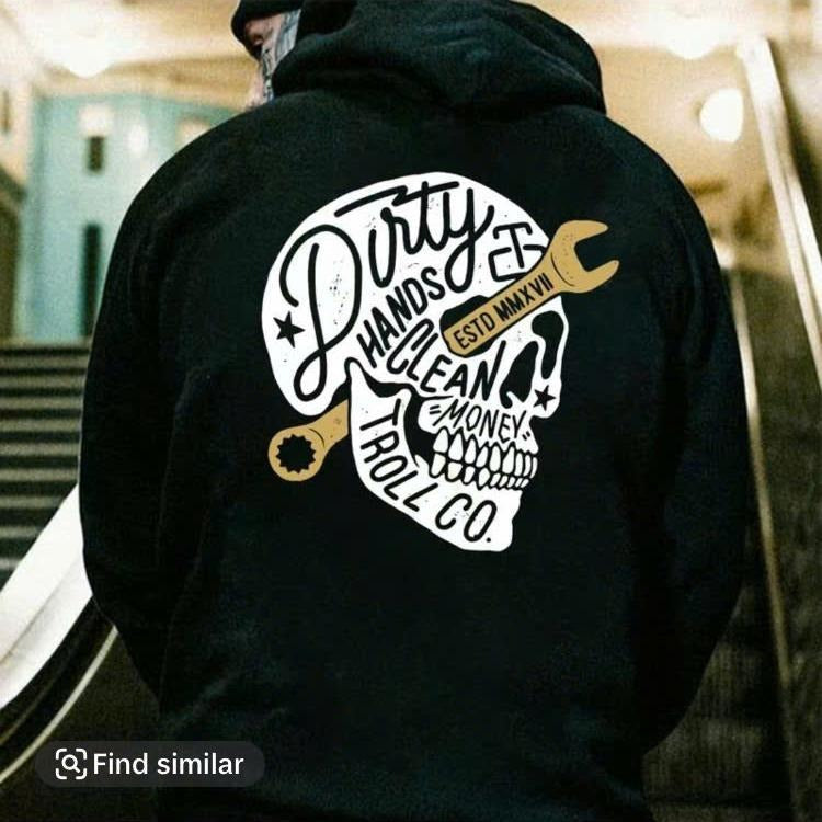 Troll Co Dirty Hands Make Clean Money Trending Mechanic Shirt Back Side Printed Workwear Streetwear Skull T-Shirts