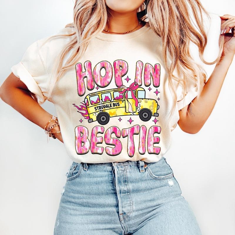 Hop Bestie Struggle Bus Retro Mental Health Pink Coquette Sarcastic Funny Anxiety Girly T-Shirts
