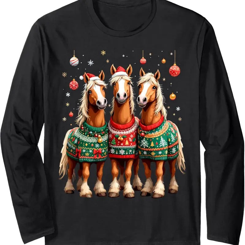 Horses Ugly Sweters Xmas Horse Lover Horseman Long Sleeve T-Shirts