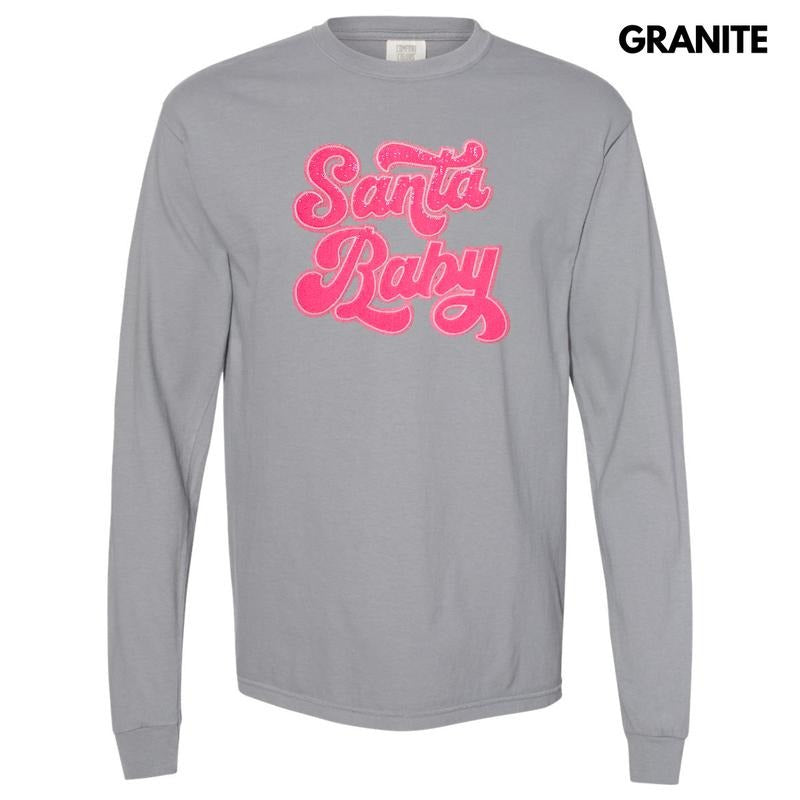 Hot Pink Santa Baby Sequin Patch Long Sleeve Comfort Colors T-Shirts