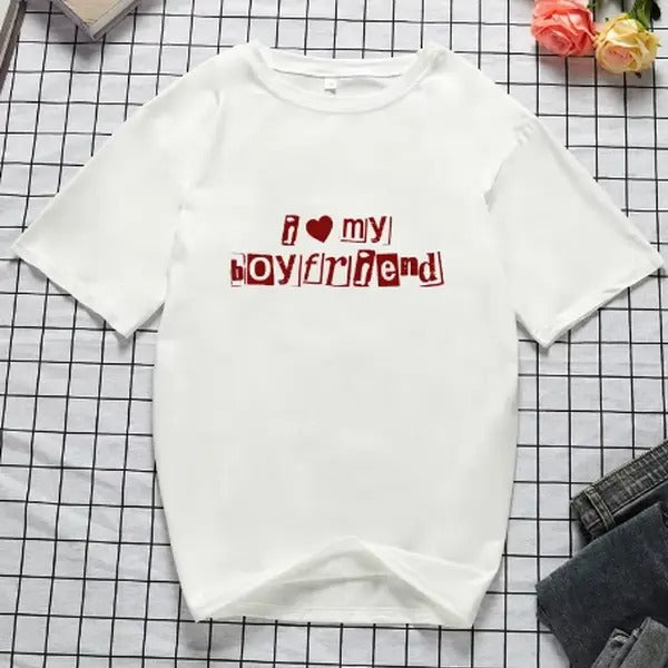 I LOVE MY BOYFRIEND Summer Short Sleeve Harajuku Clothes Chic Streetwear EMO Him Her Casual Cotton T-Shirts