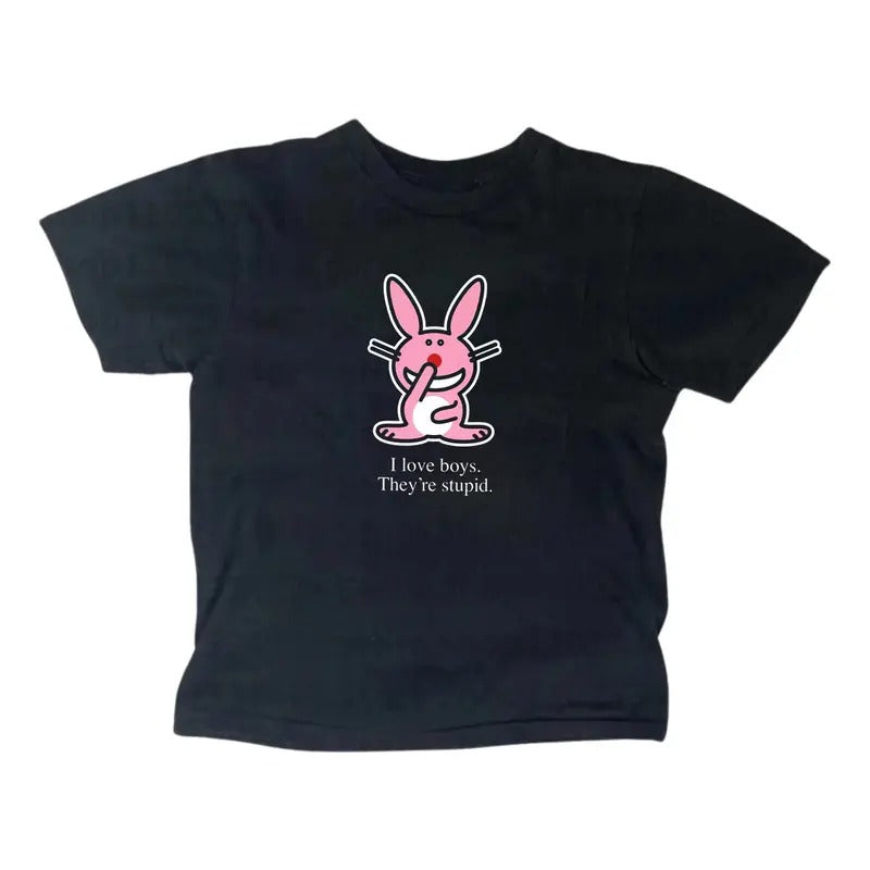 I Love Happy Bunny Baby Gothic Emo Girl Top Scene 2000s Y2k Top Streetwear Casual Cotton Short Sleeve Fitted T-Shirts