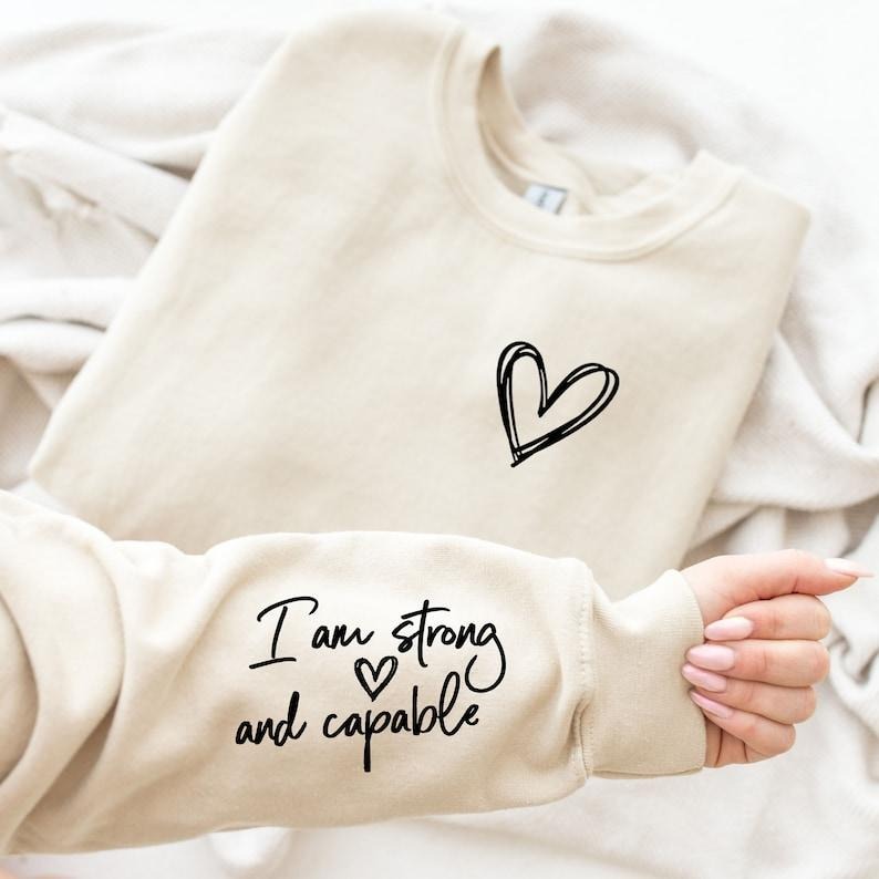 I Am Strong Capable Inspirational Sleeve Writing Affirmation ; Cotton Menswear T-Shirts