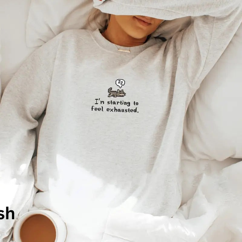 I'M Starting Feel Exhausted Stardew Valley Sleepy Cat Gamer Pelican Town Cozy Casual Collar Cotton Womenswear Bottom T-Shirts