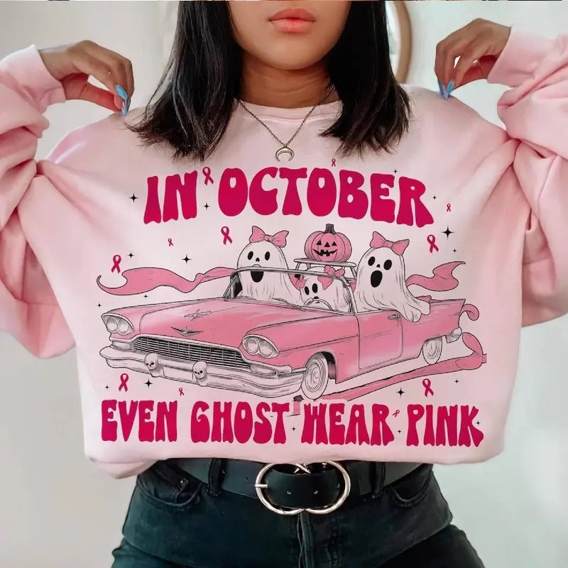 October Even Ghost Pink Shirt October We Pink Sweashirt Breast Cancer Breast Cancer Awareness Cancer Support Shirt Breast Cancer Month Halloween Ghost T-Shirts