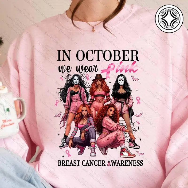 October We Pink Shirt October We Pink Halloween Shirt Girl Characters Movies Shirt Breast Cancer Month Halloween T-Shirts