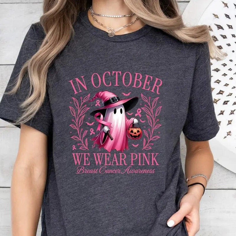 October We Pink Breast Cancer Awareness Retro Breast Cancer Halloween Pink Ghost Halloween Shirt Sublimation T-Shirts