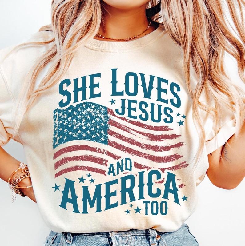 Independence Day 4th July Shirt She Loves Jesus America Too America Retro T-Shirts