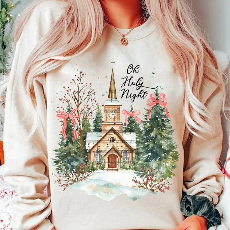 Jesus Coquette Tree Shirt Oh Holy Night Shirt Hand Drawn Christian Adore Him T-Shirts