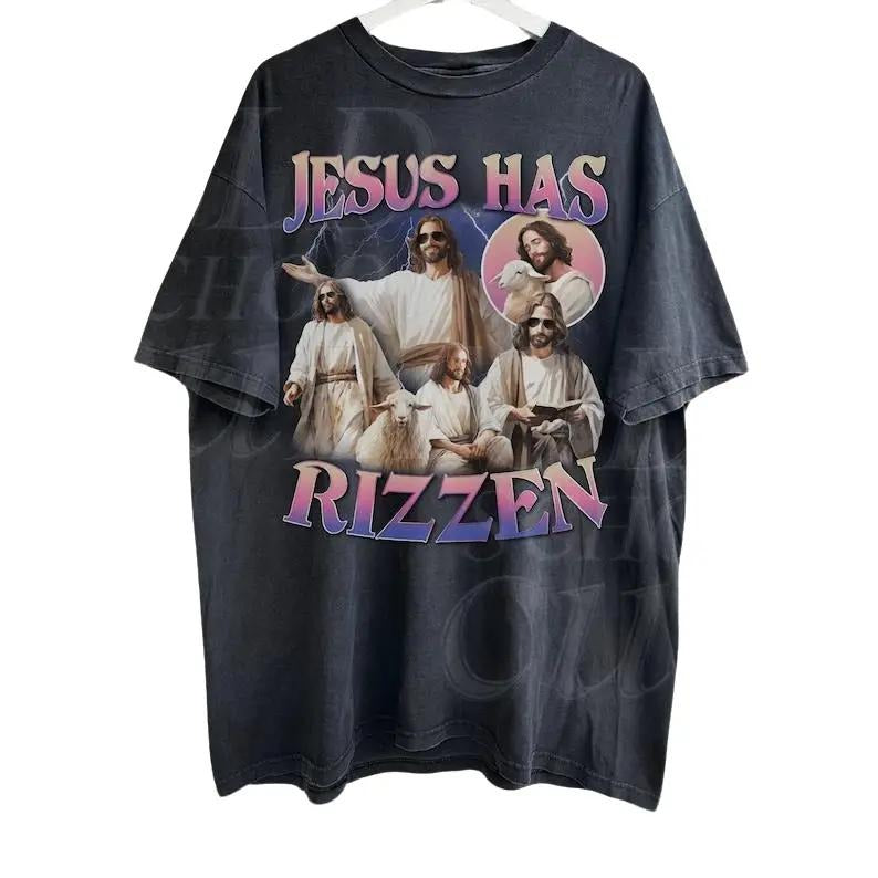 Jesus Has Rizzen Vintage Retro 90s Shirt Funny Shirts Distressed Cotton Shirt Bootleg Fabric Menswear T-Shirts