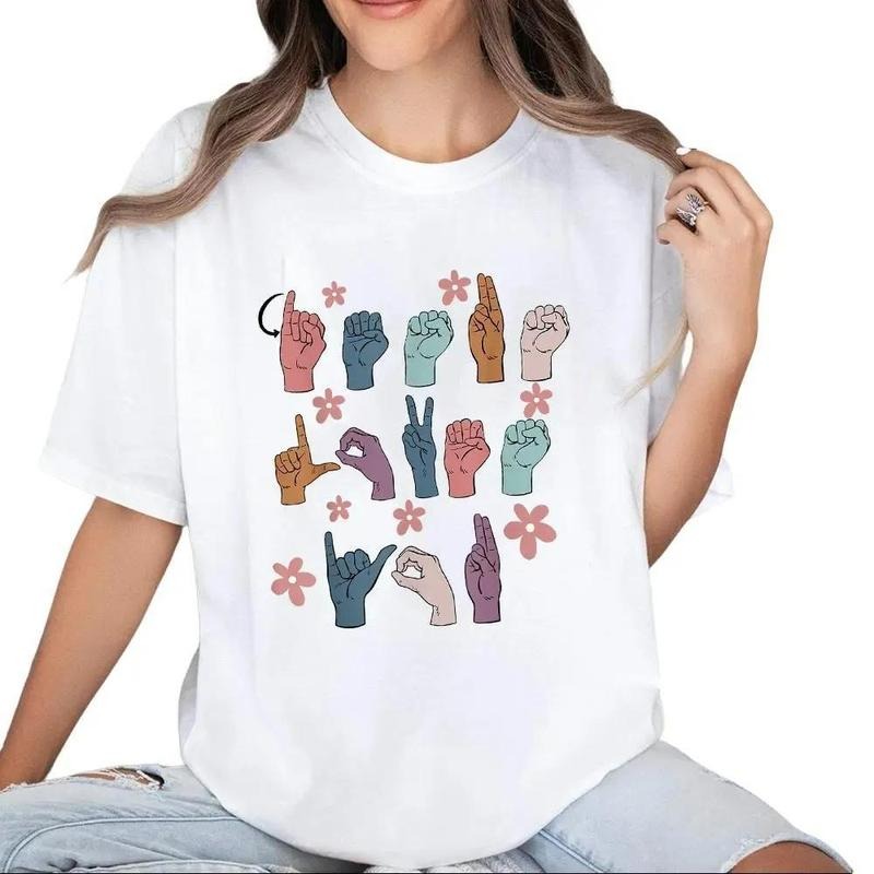 Jesus Loves You ASL Sign Language Christian Casual Crew Neck Short Sleeve Tops T-Shirts