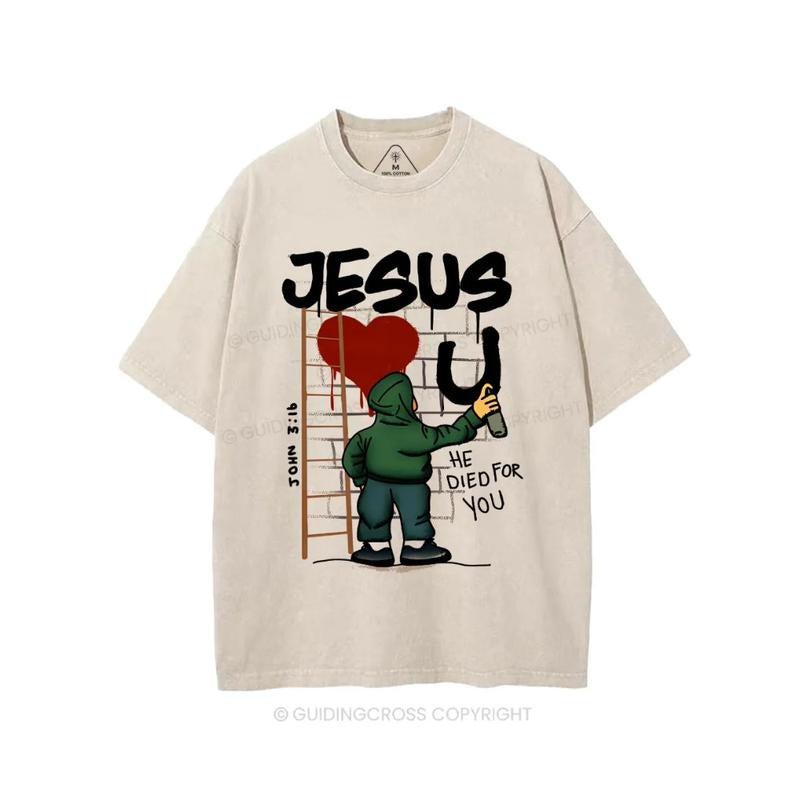 Jesus Loves You Christian Pure Cotton Fabric Casual Streetstyle Crew Neck Short Sleeve Soft Washed Tops Perfect T-Shirts