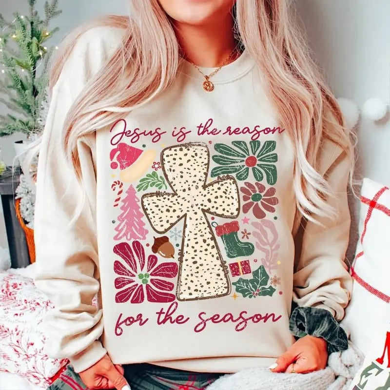 Jesus Is Reason Season Boho Floral Christian Jesus Cross Dalmatian Dots T-Shirts