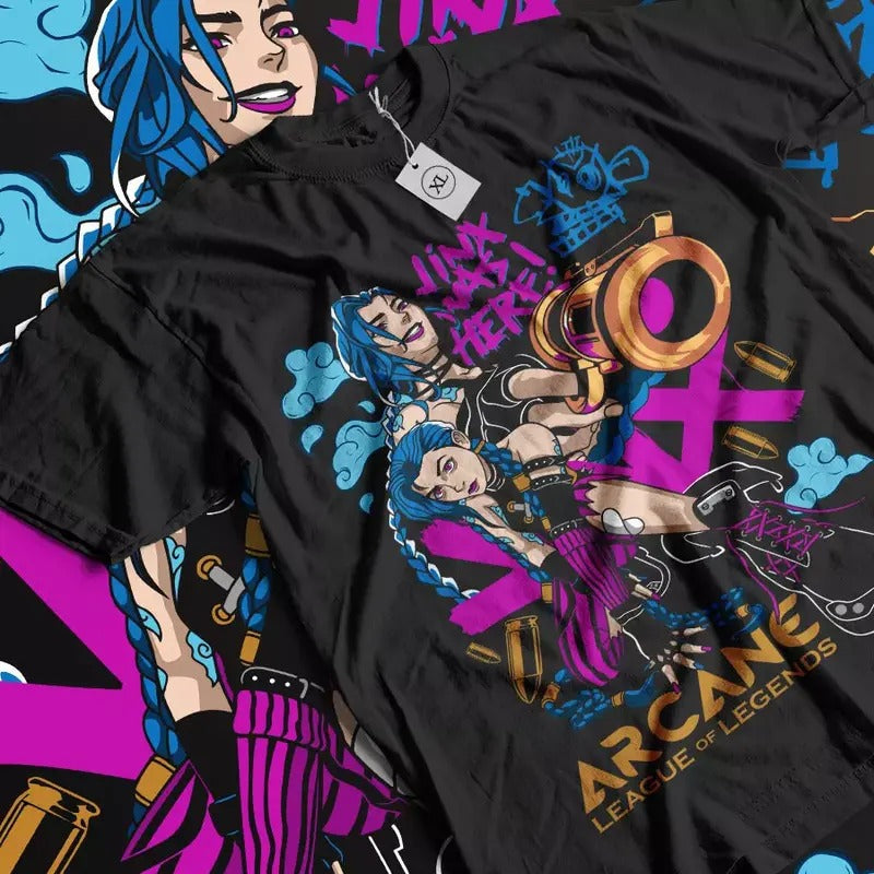 Jinx Arcane Japanese Anime Cartoon Jinx Arcane All Size T-Shirts