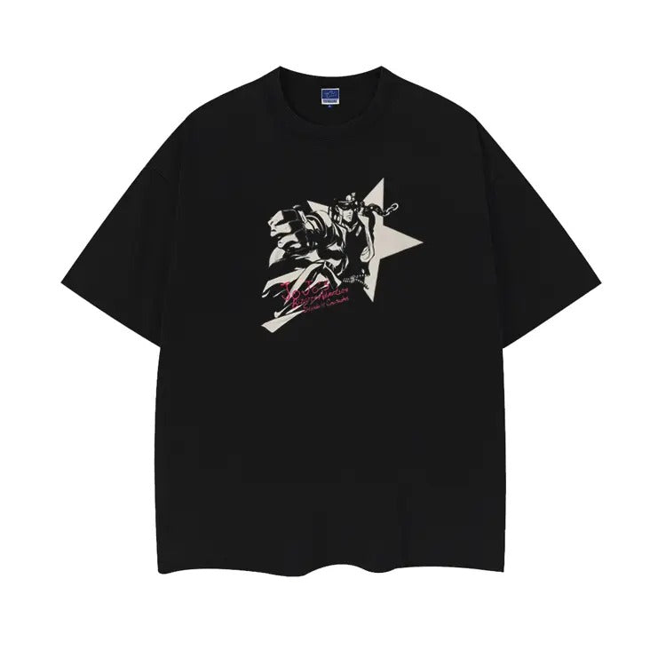JoJo'S Bizarre Adventure "Jotaro Kujo" Heavyweight Vintage 100% Cotton Anime Menswear Top Crew Necks Casual Streetwear Black Baggy Tropical Loose T-Shirts