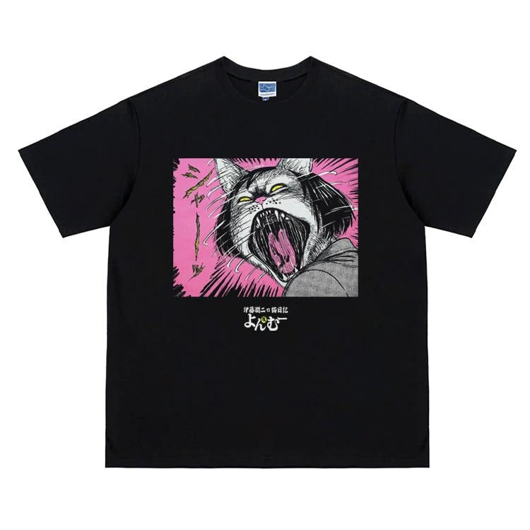 Junji Ito "Cat Diary" Heavyweight Vintage 100% Cotton Anime Menswear Top Crew Necks Casual Streetwear Black Tropical T-Shirts