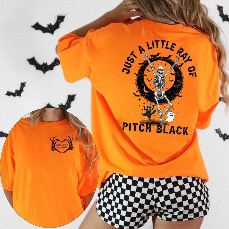Just Little Ray Pitch Black Halloween Shirt Funny Skeleton Bats Shirt Halloween Girly Shirt Black Cat Shirt Spooky Ghost Shirt Cotton Fabric T-Shirts