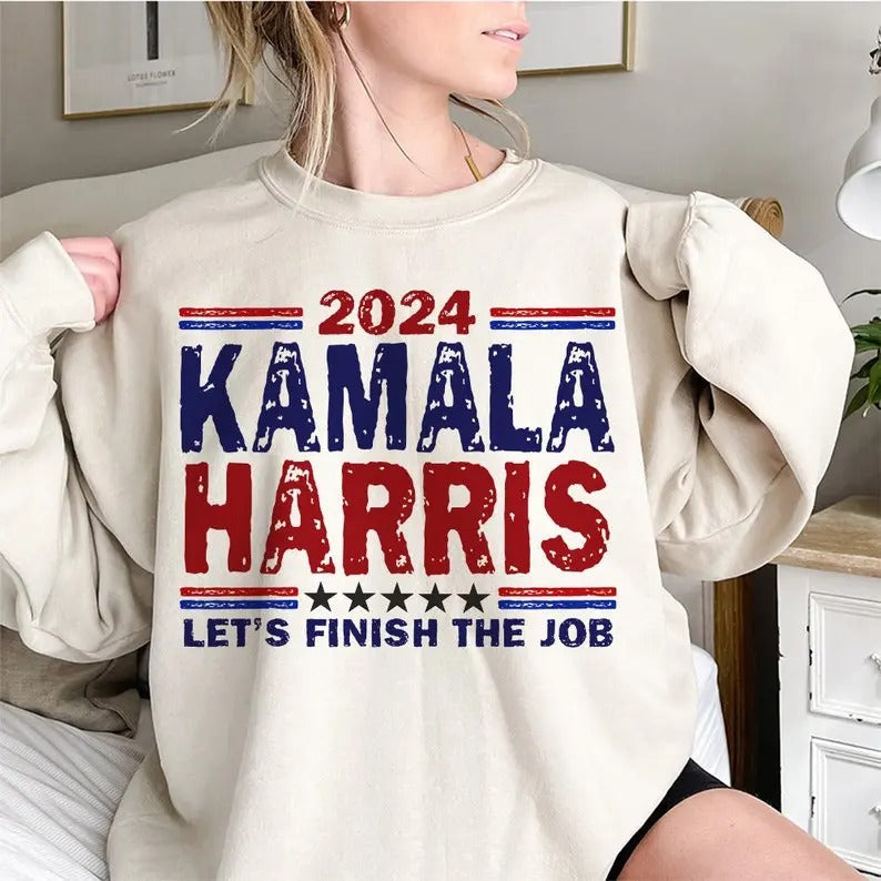 Kamala Harris Let'S Finish Job Kamala Harris President 2024 Power Komma La Election 2024 Shirt Hot Trend 2024 Shirt Best Selling 2024 T-Shirts
