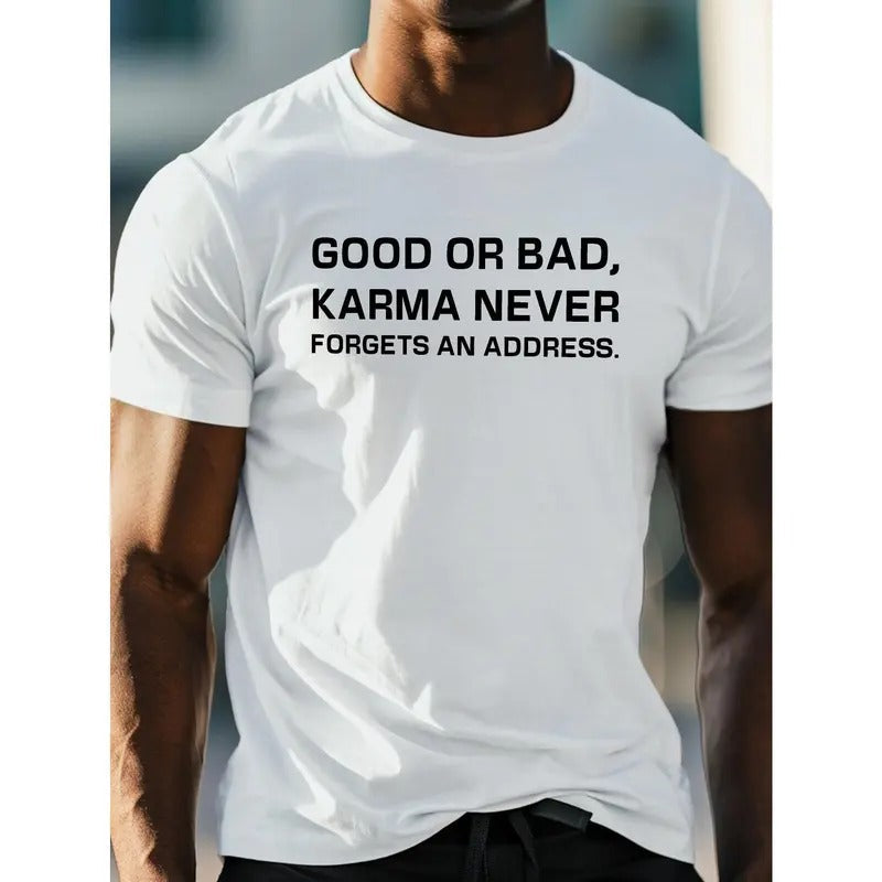 Karma Address Print Round Crew Neck Short Sleeve Casual Comfy Lightweight Top Summer Made USA T-Shirts