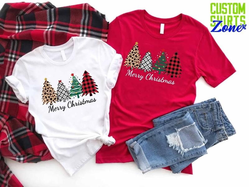 Merry Shirt Leopard Tree Shirt Cute Shirt Plaid Tree T-Shirts