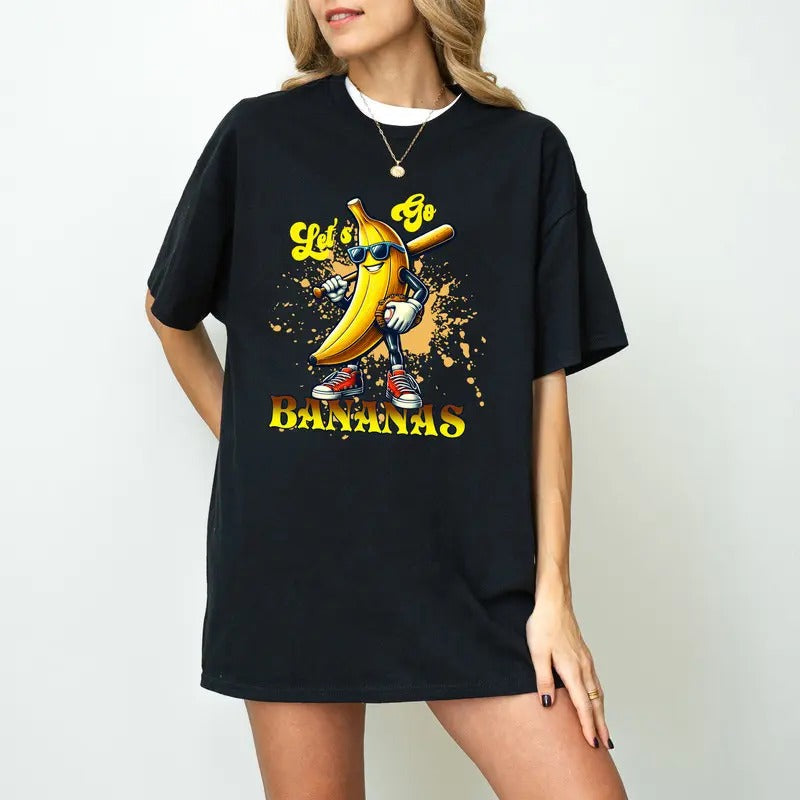 Lets Go Bananas Funny Banana Baseball Shirt Cute Yellow Banana Shirt Funny Banana Shirt Banana Playing Baseball Fruit Lover Baseball Player T-Shirts