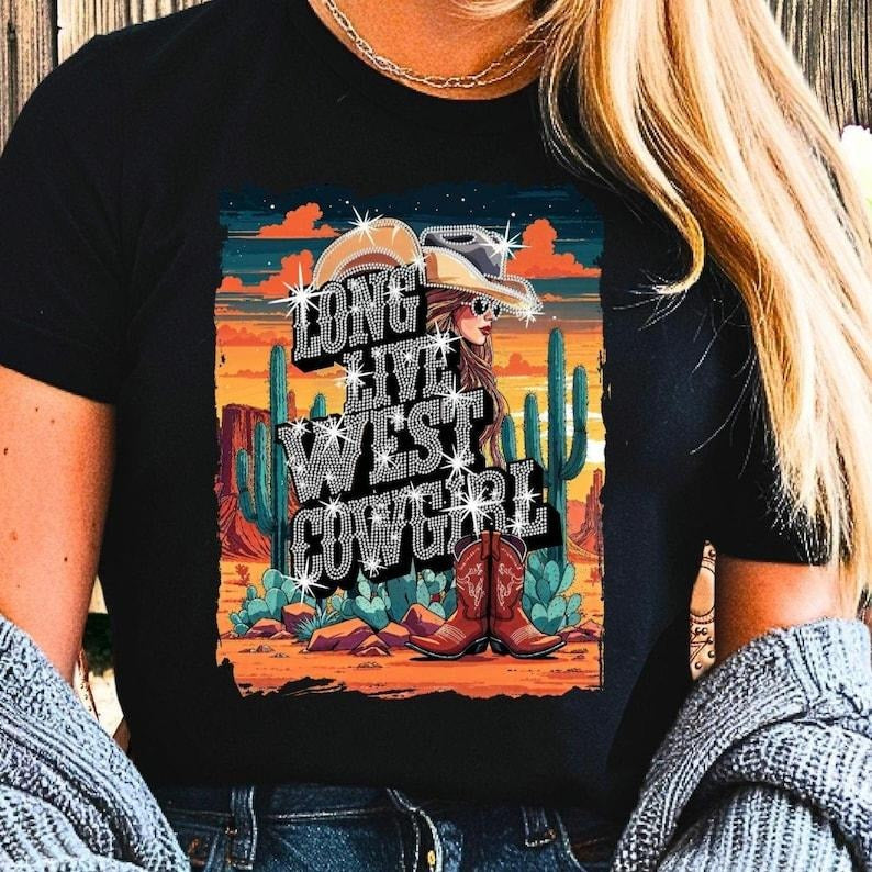Long Live West Cowgirl Rhinestone Western Country Country Concert Shirt Western Bling T-Shirts