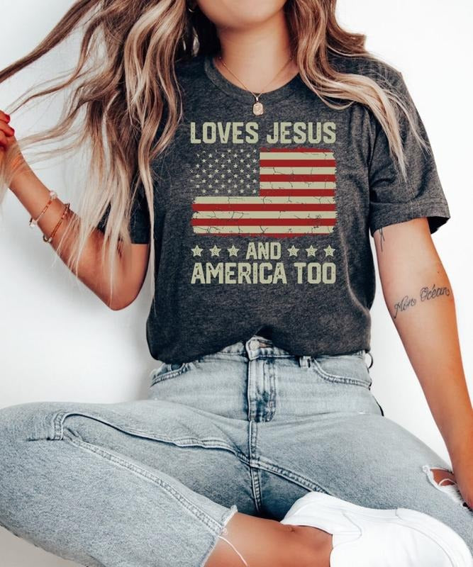 Loves Jesus America Too Spiritual Religions Print Religious Friends Love Like Jesus I Love Jesus T-Shirts