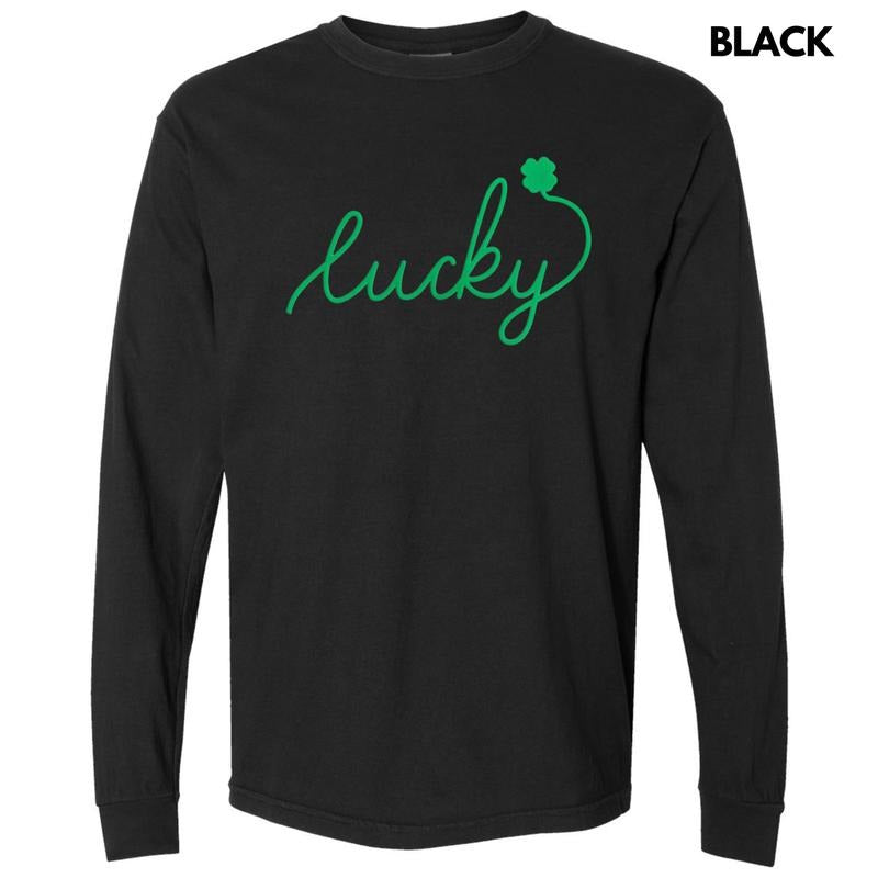 Lucky Cursive Green Puff Long Sleeve Comfort Colors T-Shirts