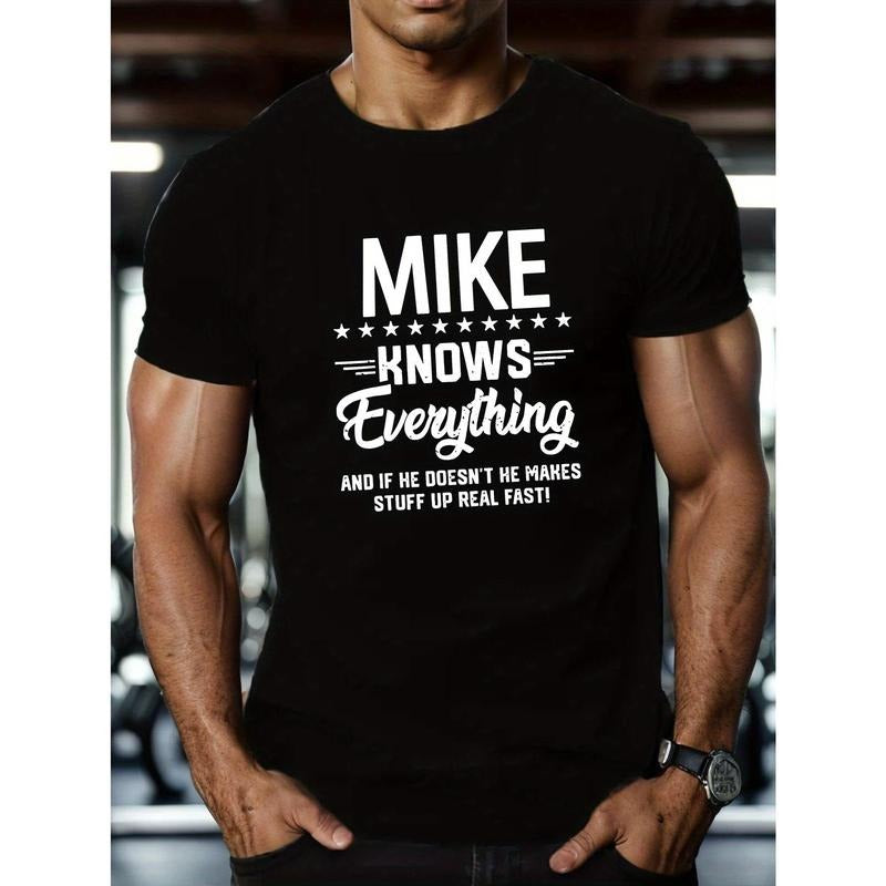 [MIKE Knows Everything ] Breathable Cotton Blend 'MIKE Knows Everything' Casual Short Sleeve Crew Neck Regular Fit Summer Top Geometric Machine Washable Made USA T-Shirts