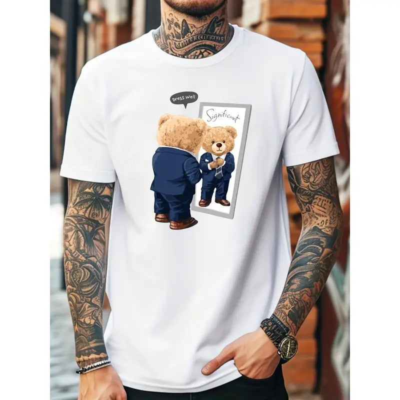 [Machine Washable Stretch Fit ] Casual Cool Bear Print Breathable Cotton Blend Stretch Fit Machine Washable Summer Sport Made USA T-Shirts