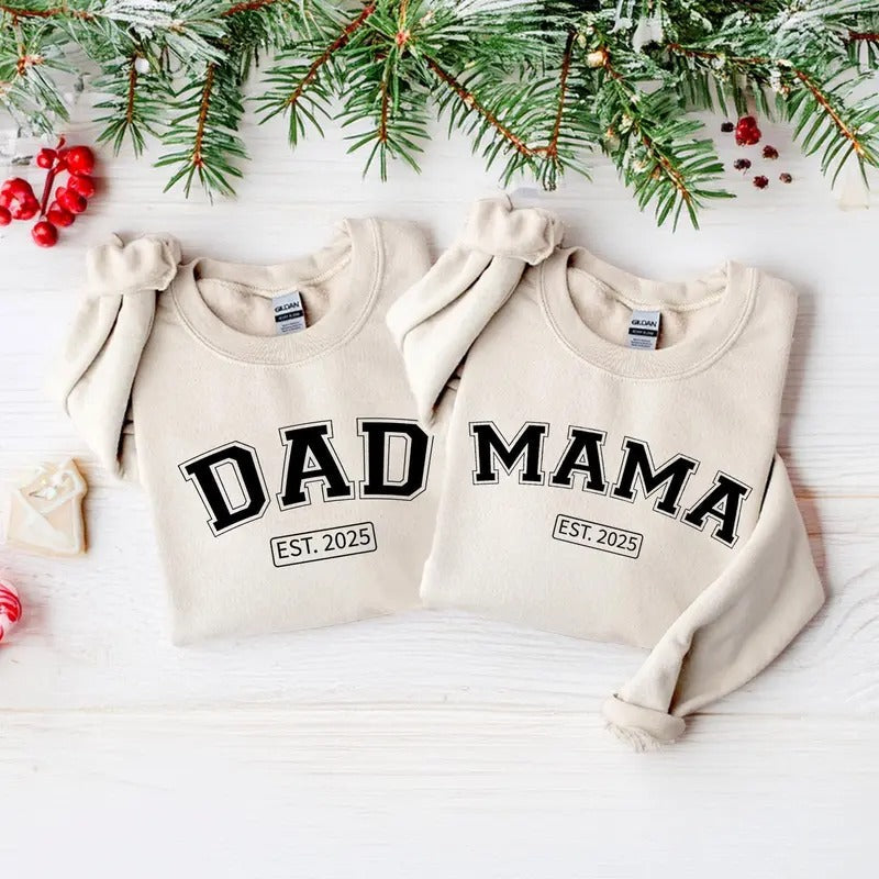 Mama Dad Est.2025 Mom Dad Mothers Fathers Fabric Love Top Cotton Soft Casual Menswear T-Shirts