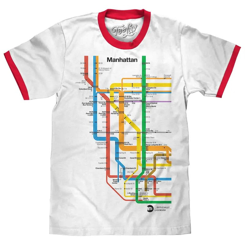 Manhattan Metro Map Ringer White Red T-Shirts