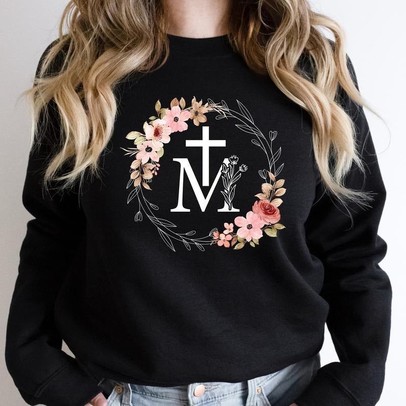 Marian Catholic Assumption Mary Christian Woman Floral M Faith Cross Religious Virgin Mary T-Shirts