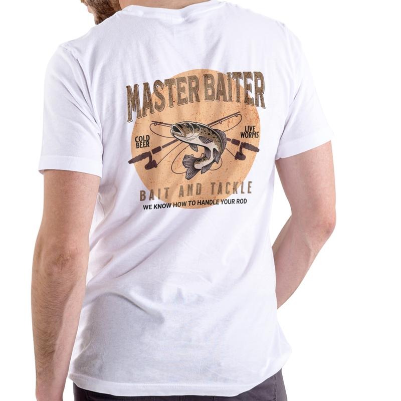 Master Baiter Bait Tackle Cotton Fishing Text Cold Beer Live Worms We Know How Handle Your Rod T-Shirts