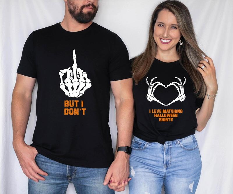Matching Halloween Shirts Couples Who Do Spooky! I Love Matching But I Don'T Funny Halloween Couples Spooky Season Matching Shirts Skeleton Hands Shirts T-Shirts
