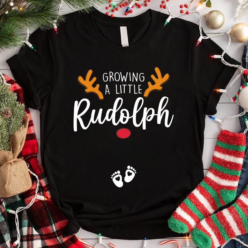 Maternity Shirt Growing Little Rudolph Reindeer Pregnancy Announcement Expecting Moms T-Shirts