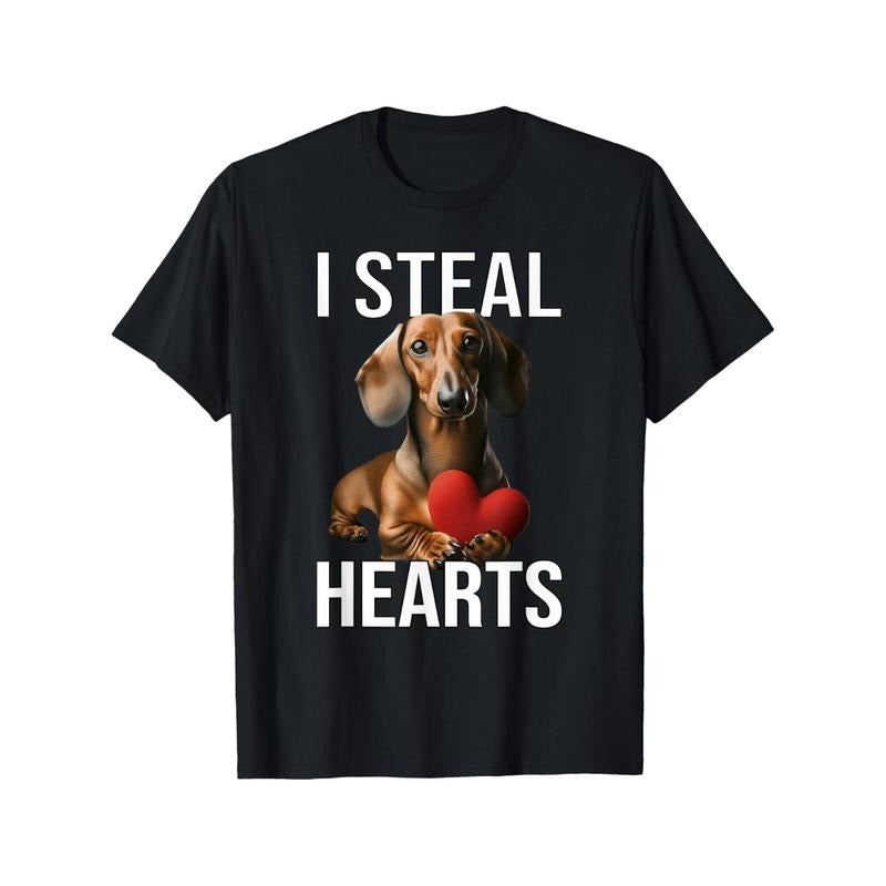 Cotton Crew Neck Dachshund "I Steal Hearts" Print Short Sleeve Regular Fit Geometric Pattern Knit Fabric Casual Daily Made USA T-Shirts