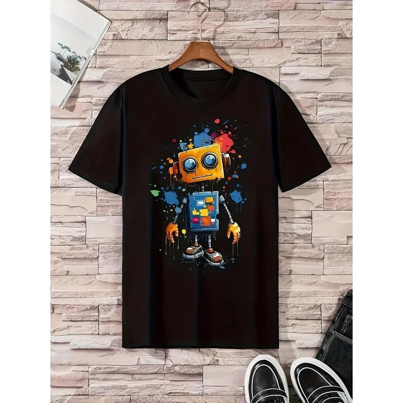 100% Cotton Robot Print Casual Short Sleeve Crew Neck Outdoor Menswear Top T-Shirts