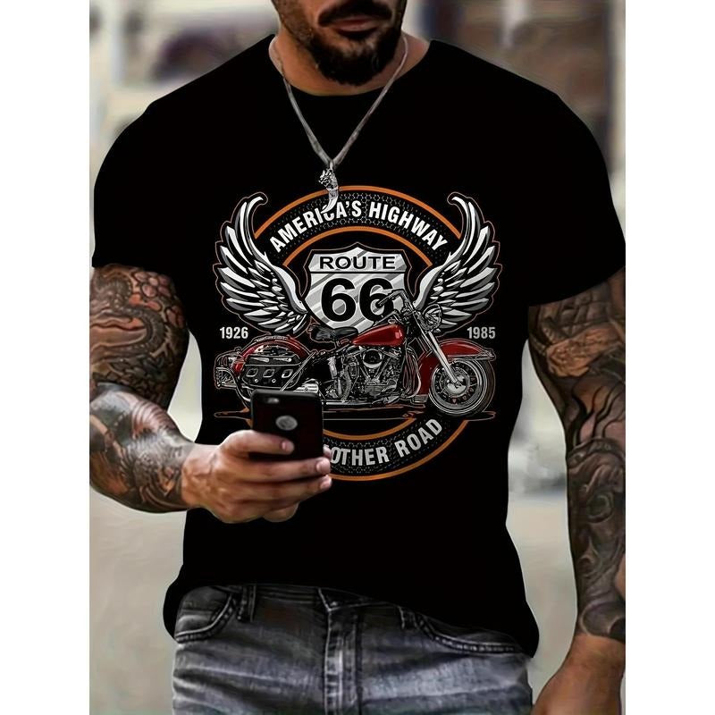 3D Digital Motorcycle "ROUTE 66" Road Sign Wings Pattern Crew Neck Summer Top Outdoors Sports Made USA T-Shirts