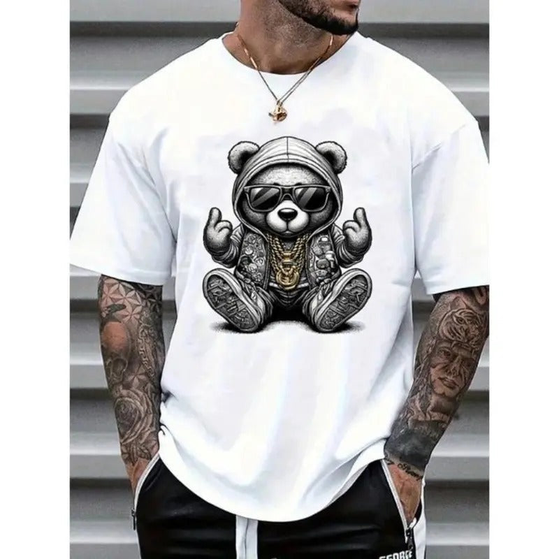 Casual Cartoon Bear Print Round Neck Short Sleeve Summer Made USA T-Shirts