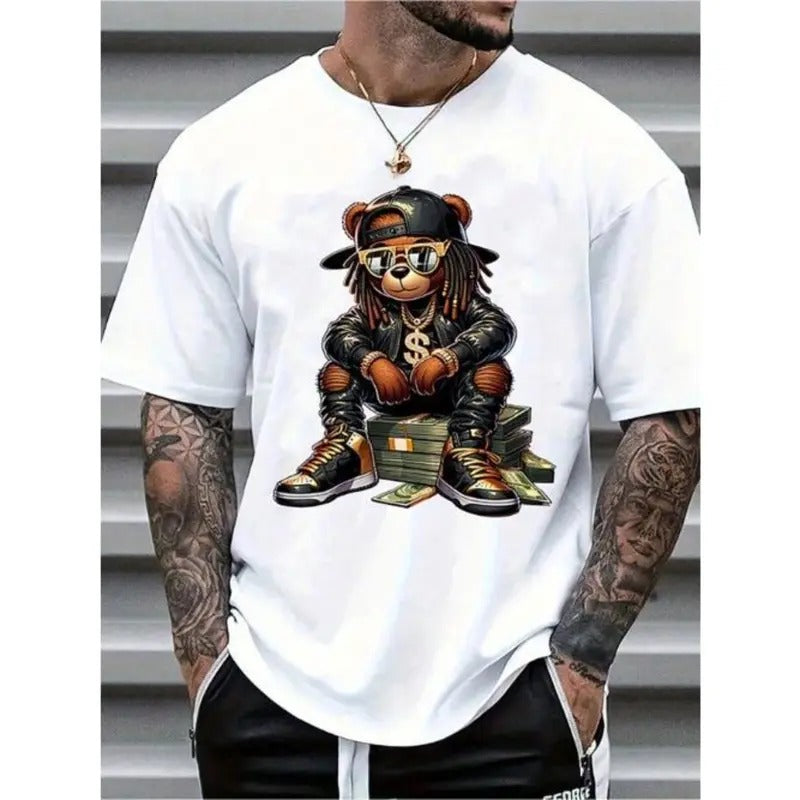 Casual Cartoon Bear Print Short Sleeve Crew Neck Summer Comfortable Casual Short Sleeve Made USA T-Shirts