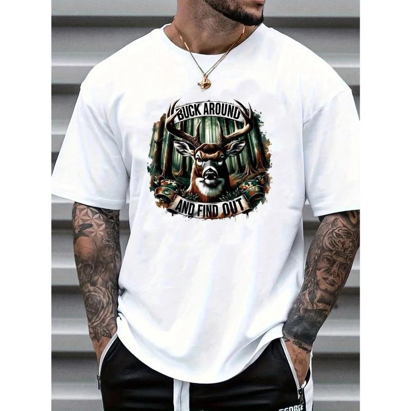 Casual Reindeer Print Soft Cotton Crew Neck Short Sleeve Machine Washable All Seasons Made USA T-Shirts