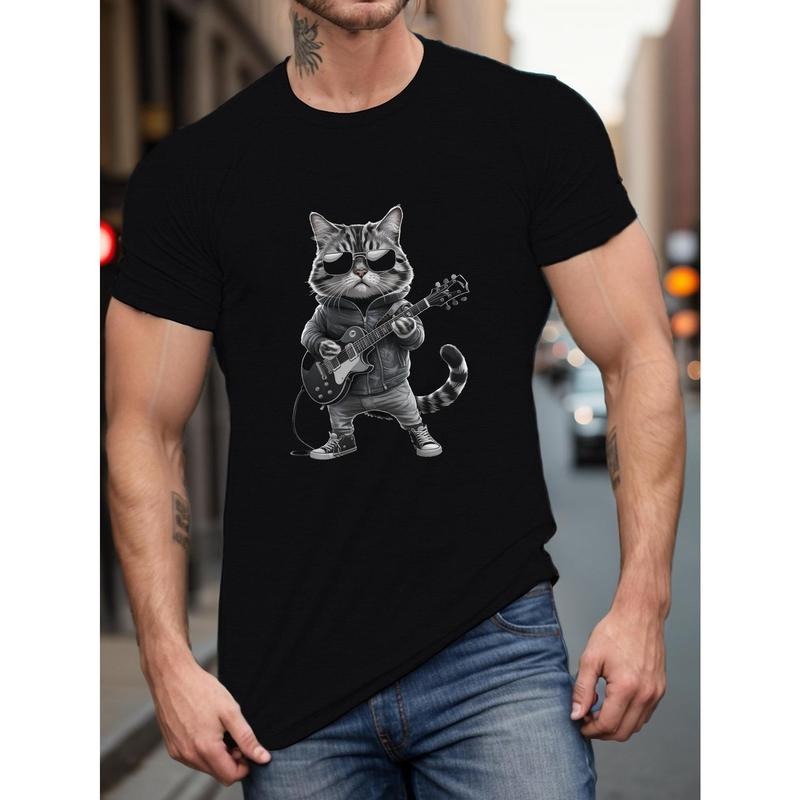Cool Cat Guitar Print Shirt Casual Short Sleeve Summer Made USA T-Shirts