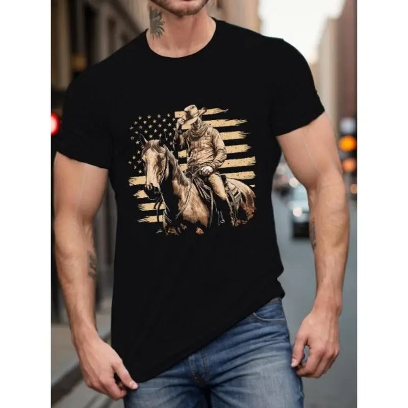 Cowboy Horse Print Casual Summer Short Sleeve Round Neck Knit Breathable Fabric Made USA T-Shirts