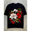 Crew Neck Short Sleeve White Red Blooming Flowers Print Fit Exercise Made USA T-Shirts