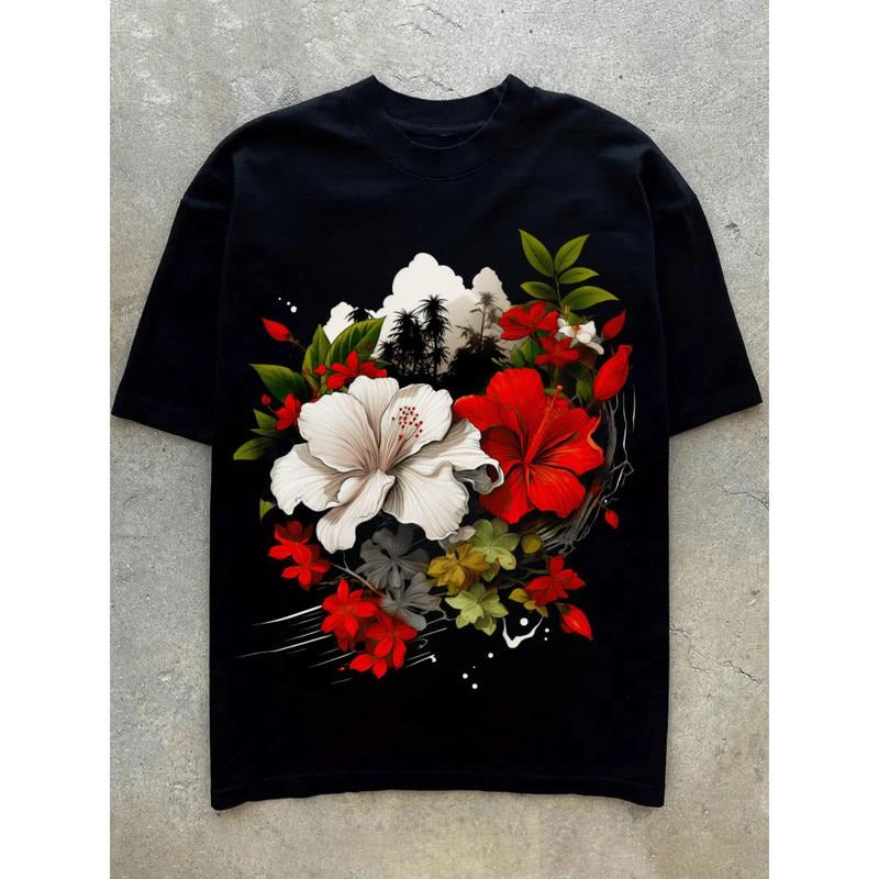Crew Neck Short Sleeve White Red Blooming Flowers Print Fit Exercise Made USA T-Shirts