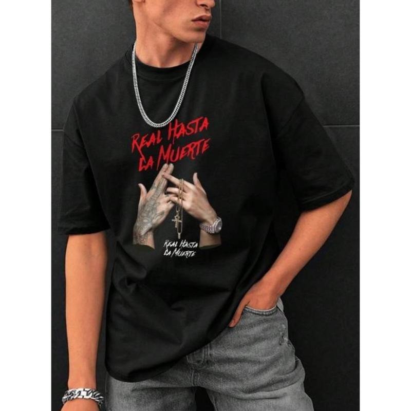 Gesture & Letter Print Casual & Commuting Round Neck Made USA T-Shirts