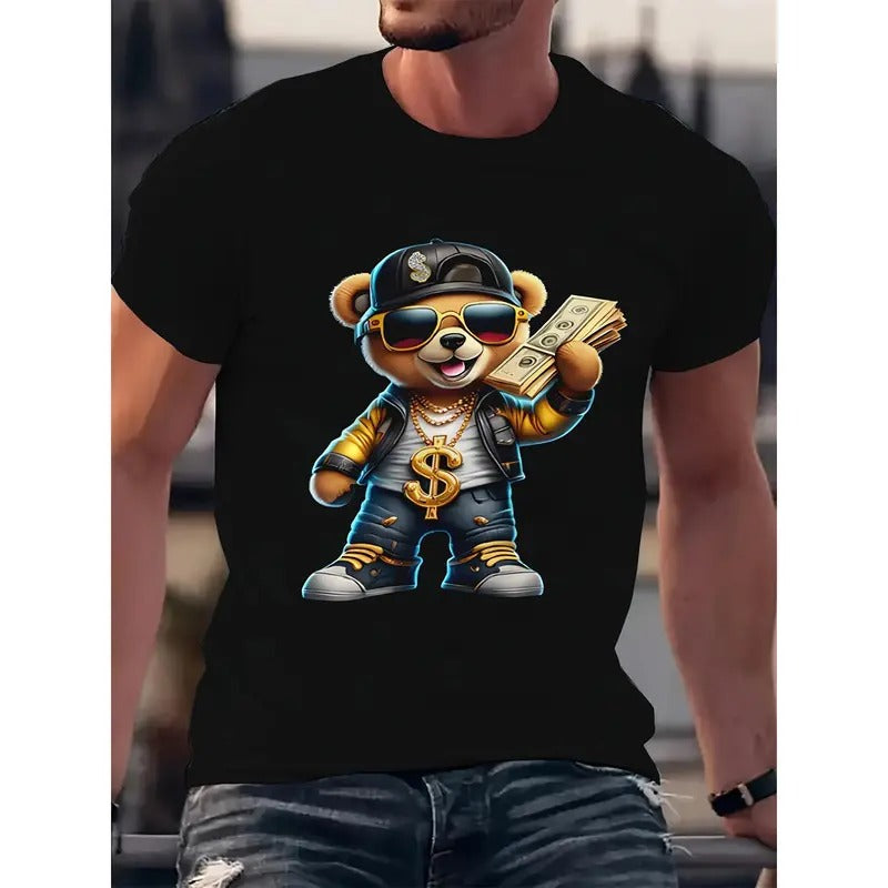 Hip Hop Bear Casual 3D Printed Short Sleeve Breathable Polyester Machine Washable Made USA T-Shirts