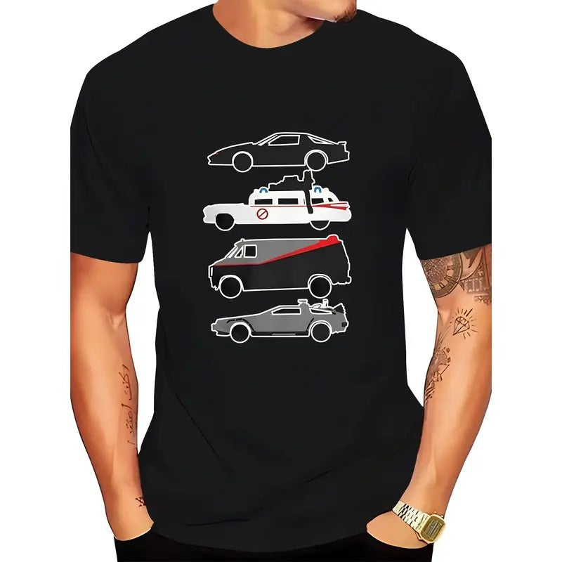 Casual Black Short Sleeve Unique Car Print Round Neck Summer Machine Washable Cotton & Elastane Blend Made USA T-Shirts